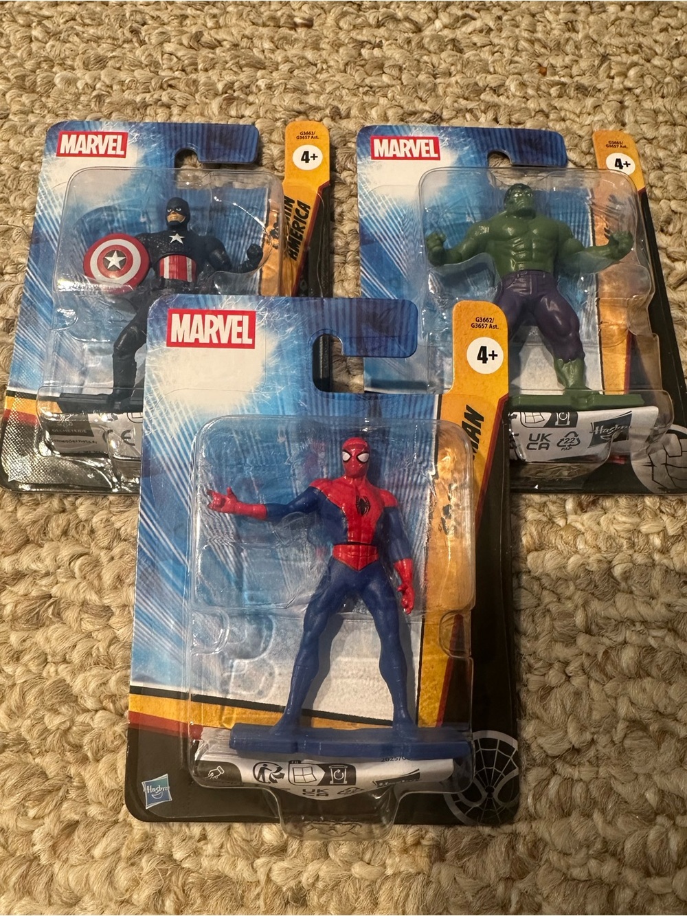Set of 3 Marvel Avengers Figures- Spiderman, Hulk, and Captain America.